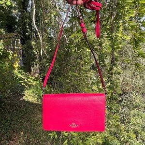 COACH Shoulder/Crossbody Purse Foldover Clutch Bag Pebble Leather Pink AUTHENTIC